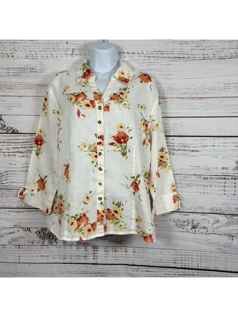 JM Collection White Floral Linen Button 3/4 Sleeve Shirt